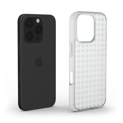 Clear and white checkered phone case beside a sleek black smartphone, showcasing a trendy and feminine minimalist design.
