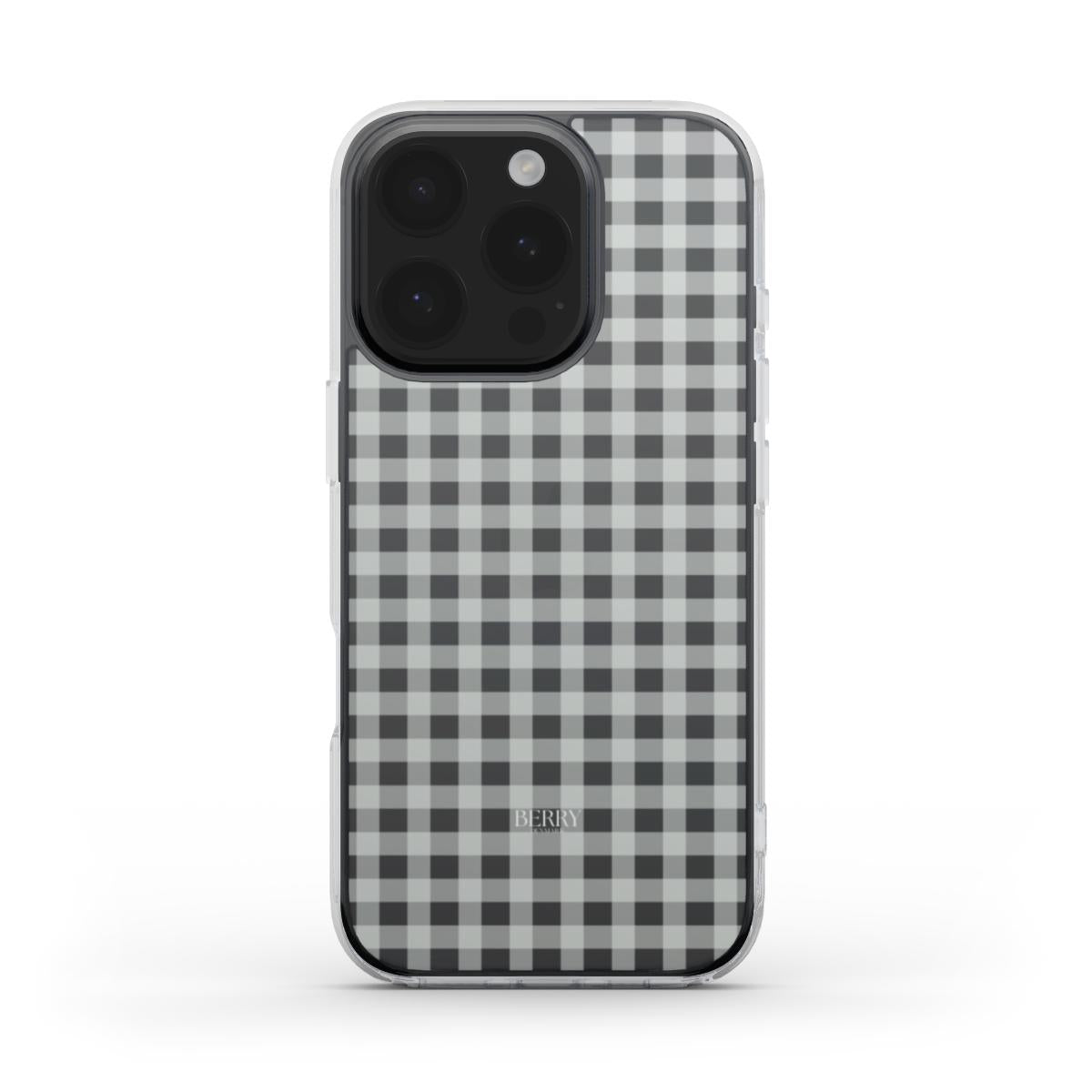 Clear and classy phone case with a trendy black and white checkered pattern, combining feminine charm and modern style for a beautiful look.