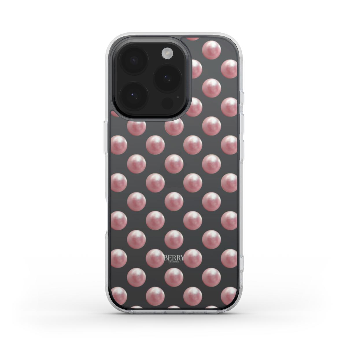 Trendy phone case with clear design featuring glossy pink pearl pattern in rosaguld and pink tones, exuding a feminine and beautiful aesthetic.