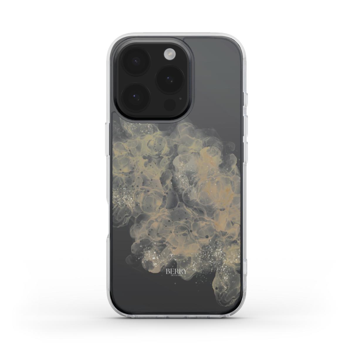 Trendy and feminine clear phone case with beige and gold smokey tan pattern, perfect for a stylish and aesthetic girly look.