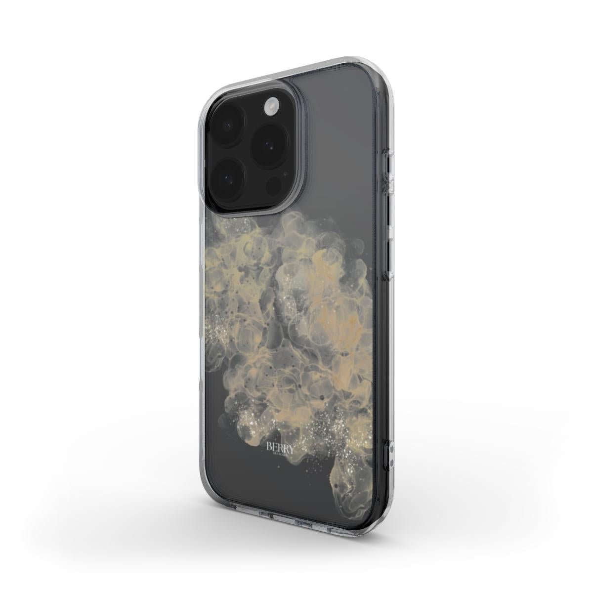 Trendy feminine phone case with clear smokey tan design featuring beige and gold accents for a beautiful and popular aesthetic look.