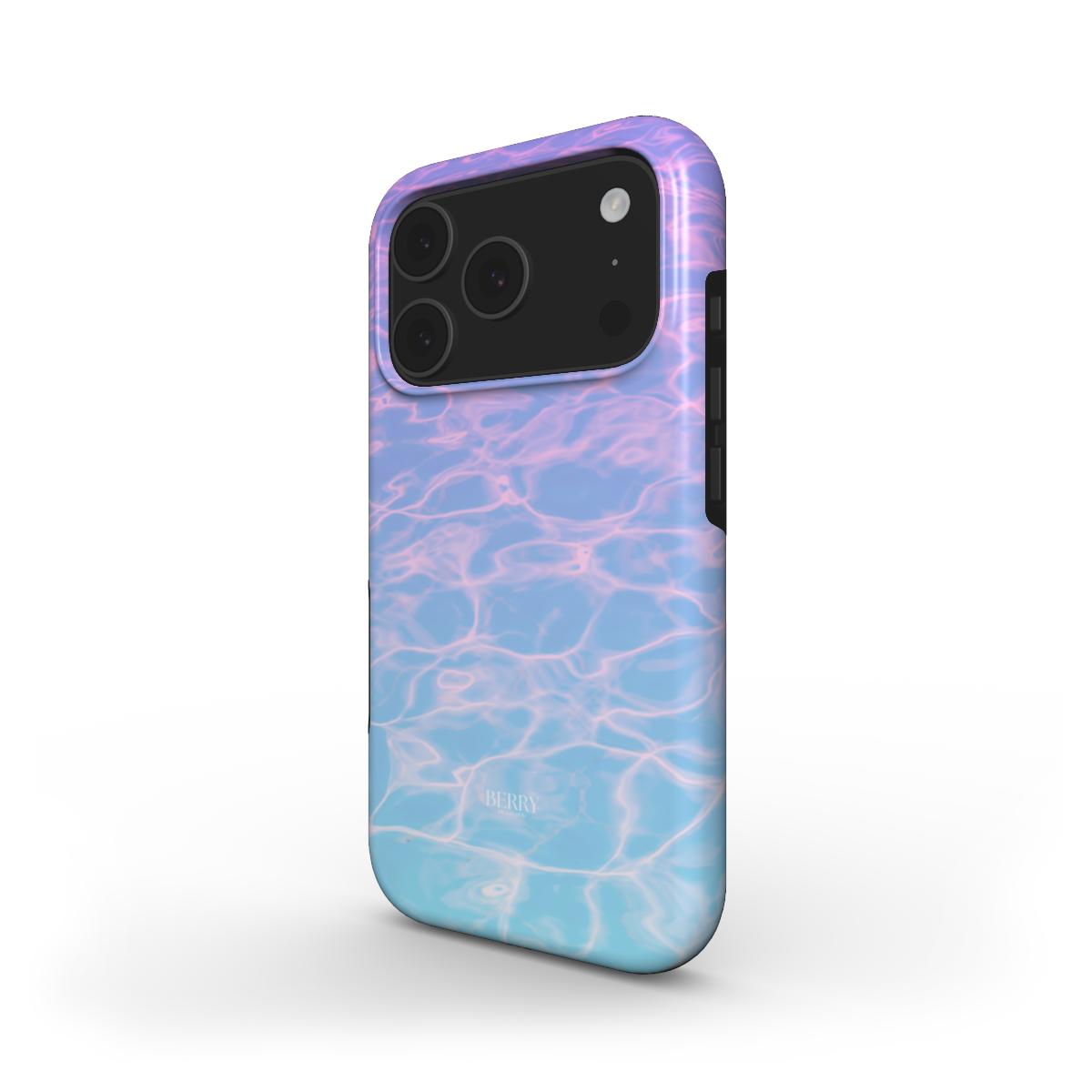 Trendy phone case with a colorful blue, purple, and multicolored water ripple pattern, offering a feminine and aesthetic vibe.