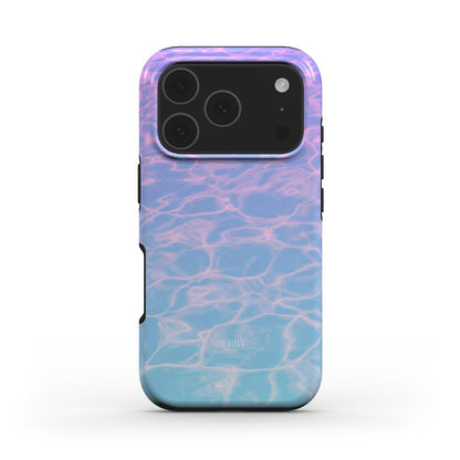 Trendy phone case with a vibrant blue, purple, and multicolored water ripple pattern, reflecting a feminine and popular summer aesthetic.