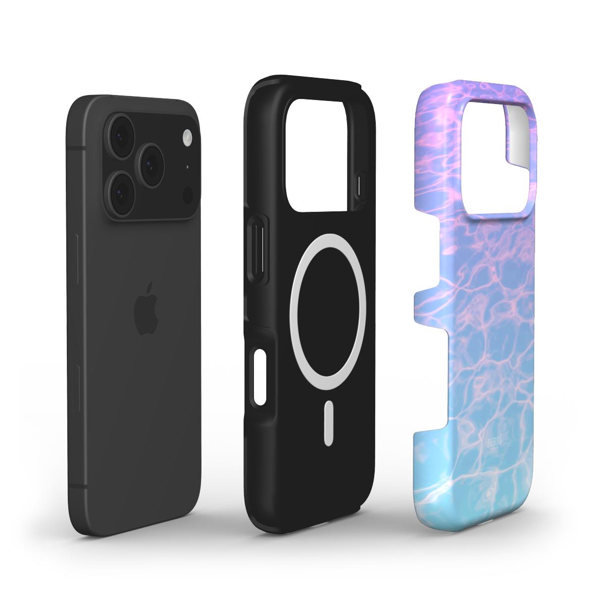 Trendy feminine phone case with a blue, purple, and multicolored water ripple pattern offering a stylish and aesthetic vibe.
