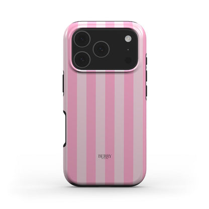 Trendy pink striped phone case with a feminine and girly aesthetic, featuring soft vertical lines and a sleek, popular design.