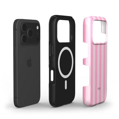 Black phone case with MagSafe next to a pink striped trendy girly protective phone cover with stylish design