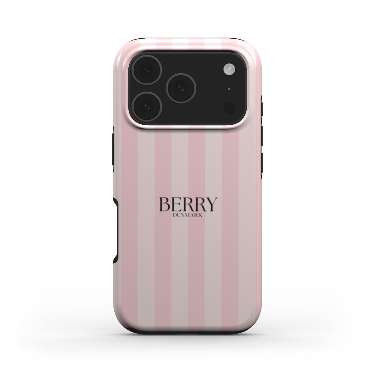 Trendy feminine phone case with soft pink vertical stripes and subtle Berry Denmark branding, offering a stylish and girly aesthetic.