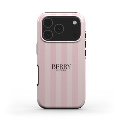 Trendy feminine phone case with soft pink vertical stripes and subtle Berry Denmark branding, offering a stylish and girly aesthetic.