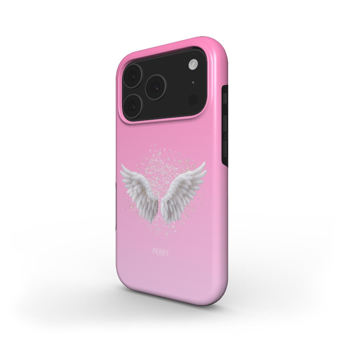 Trendy pink phone case with white angel wings design, featuring a feminine and aesthetic look perfect for that girl who loves beautiful, popular styles.