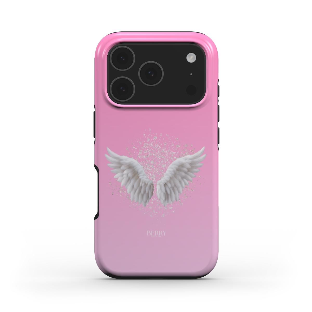 Trendy pink phone case with white angel wings and soft glitter effect, featuring a feminine and popular aesthetic perfect for that girly, beautiful vibe.