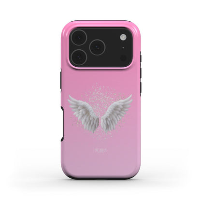Trendy pink phone case with white angel wings and soft glitter effect, featuring a feminine and popular aesthetic perfect for that girly, beautiful vibe.