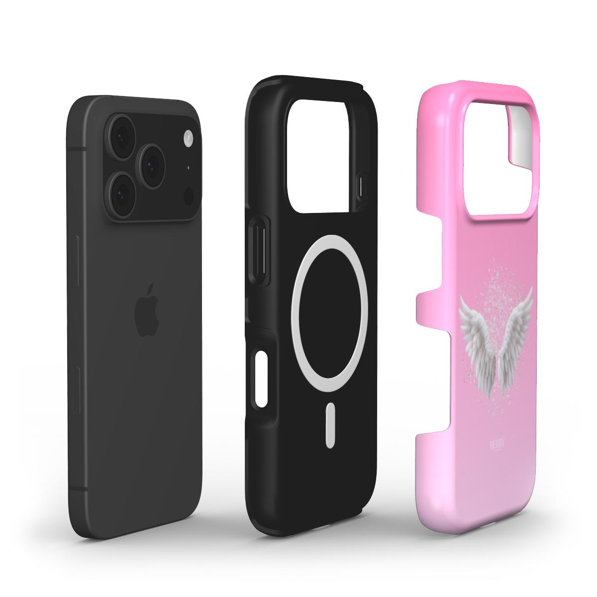 Stylish phone cases in black and pink with white angel wings design, featuring a trendy and feminine look perfect for an aesthetic and popular girl style.