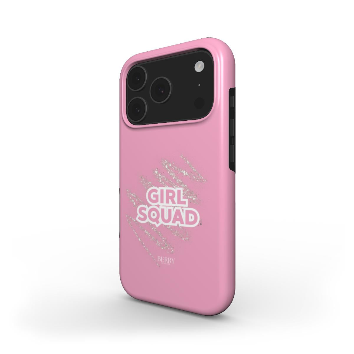 Pink phone case with a trendy glittery pattern and bold typography, perfect for a feminine and popular aesthetic.