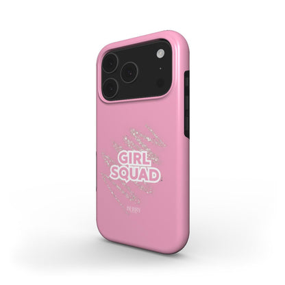 Pink phone case with a trendy glittery pattern and bold typography, perfect for a feminine and popular aesthetic.