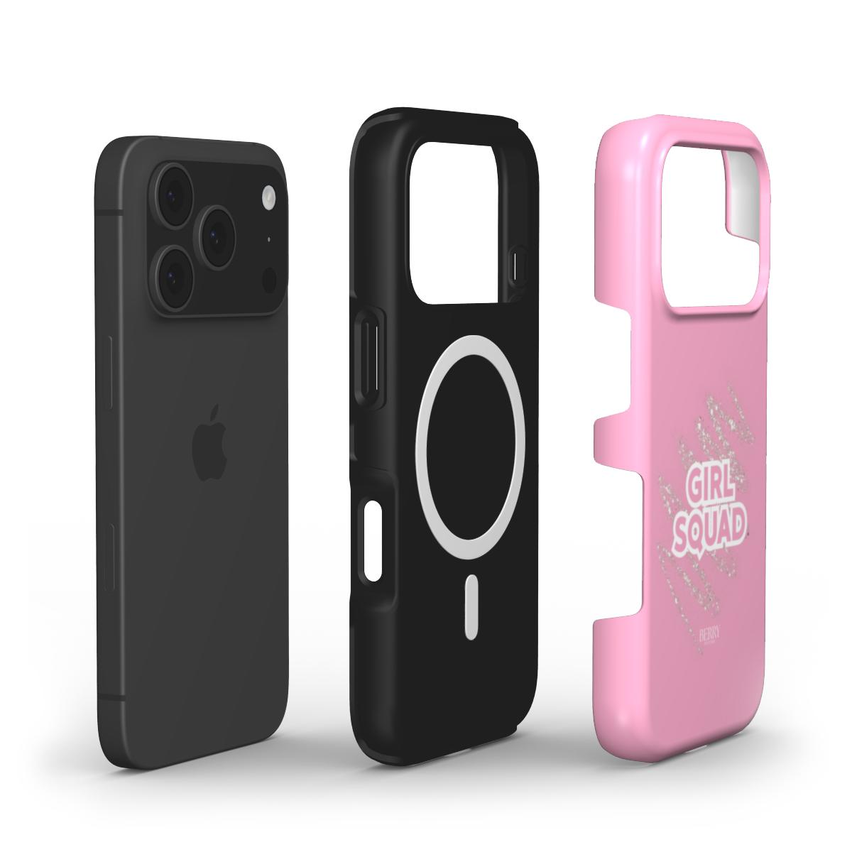 Trendy pink phone case with colorful "Girl Squad" design next to sleek black protective case and black smartphone, combining feminine and functional style.