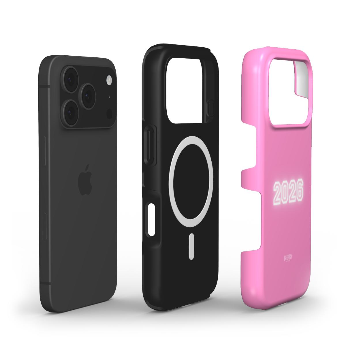 Trendy pink phone case with "2026" print, designed for a feminine, aesthetic look, alongside a sleek black phone and matching black accessory.