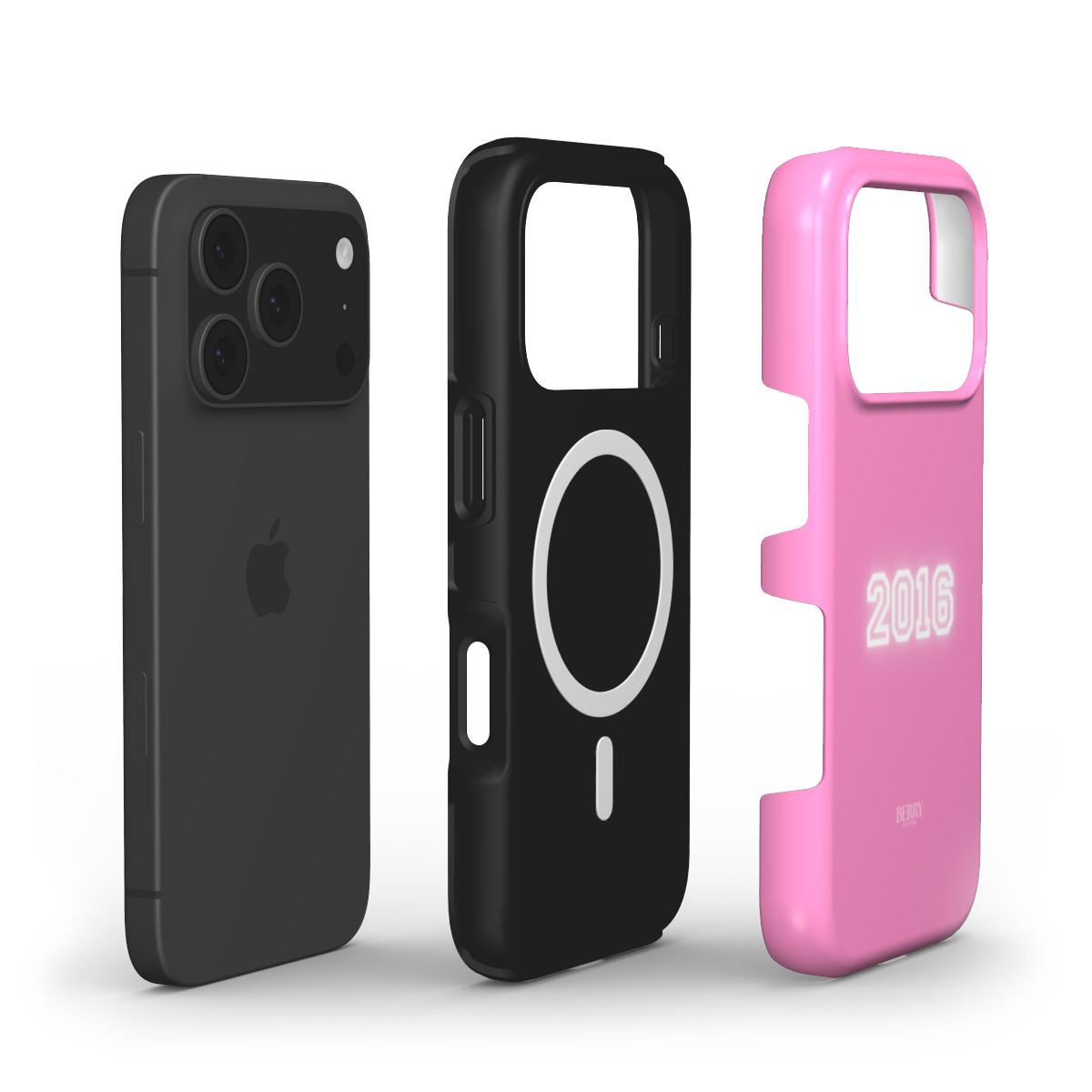 Trendy pink phone case with "2016" design, showcasing a feminine and aesthetic style paired with a sleek black protective case for modern phones.