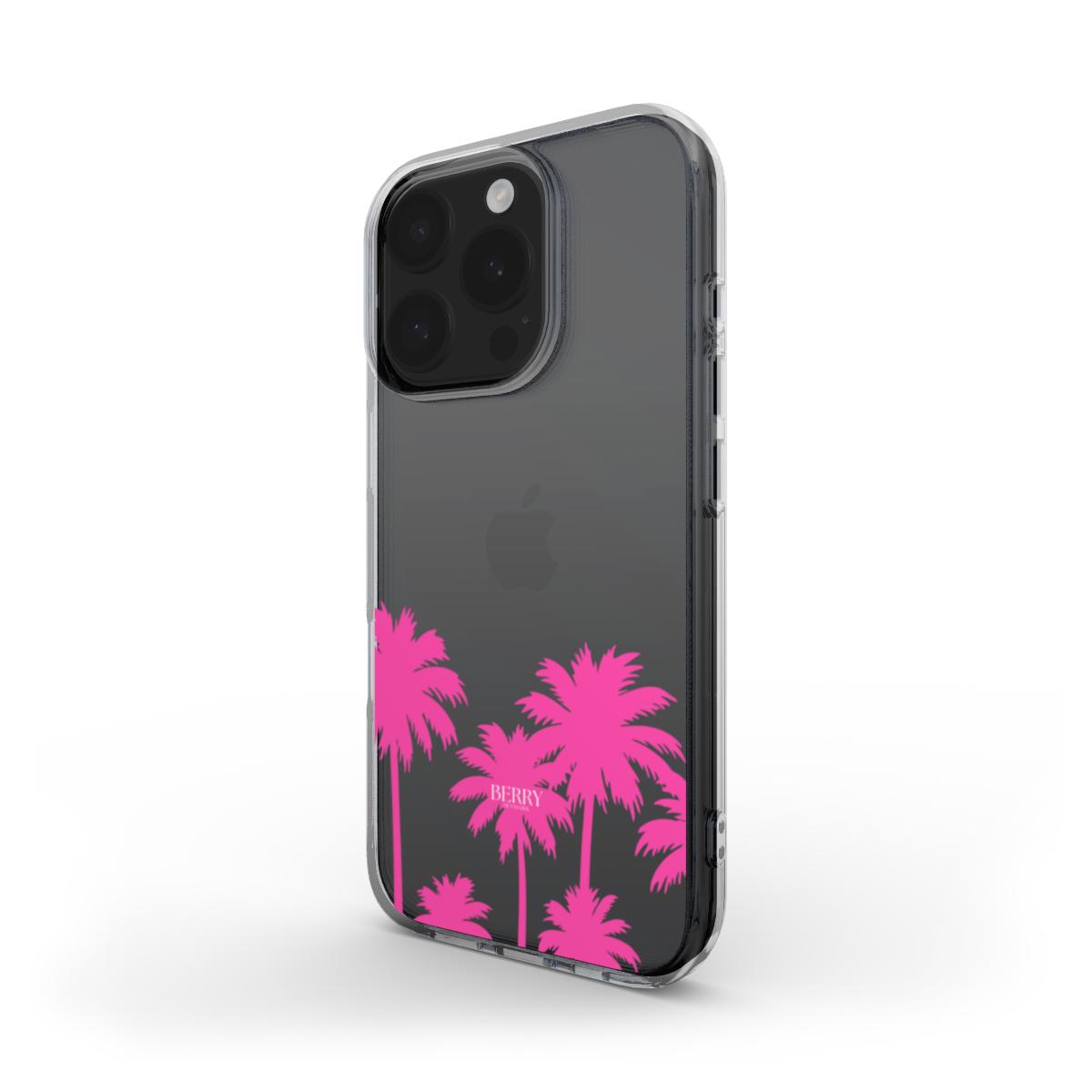 Clear phone case with trendy pink palm tree design, showcasing a feminine and stylish vibe perfect for a girly and popular aesthetic phone accessory.