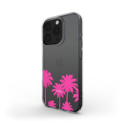 Clear phone case with trendy pink palm tree design, showcasing a feminine and stylish vibe perfect for a girly and popular aesthetic phone accessory.
