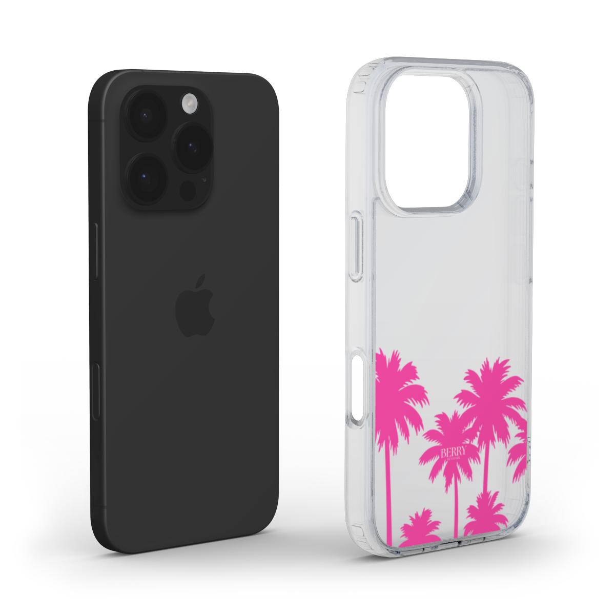 Trendy clear phone case with pink palm tree pattern, offering a feminine and aesthetic vibe for a stylish, girly look.