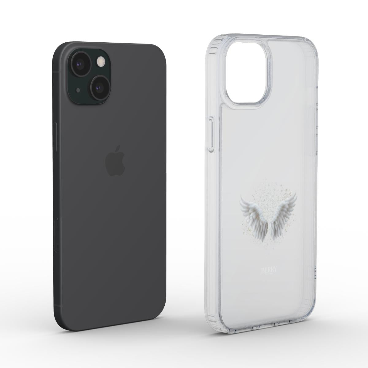 Clear and trendy phone case in transparent white with a subtle angel wings design, offering a chic and feminine look for a popular smartphone model.