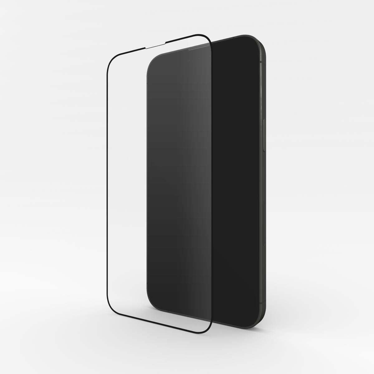 Clear transparent screen protector floating next to a sleek black smartphone, offering stylish and invisible phone protection with a trendy feminine touch.