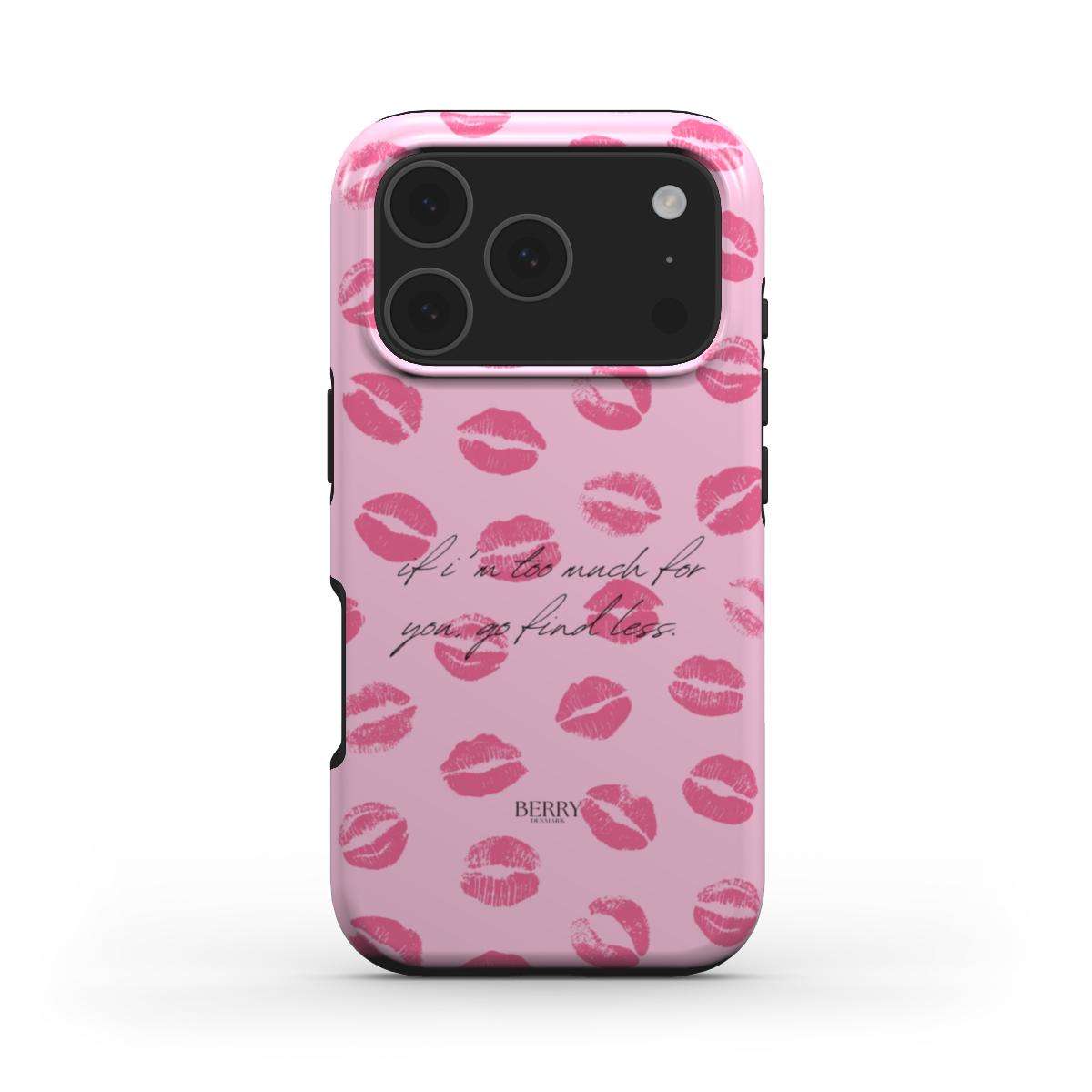 Trendy pink phone case with a feminine kiss print pattern and chic script text, perfect for a stylish and confident girl looking for a beautiful accessory.
