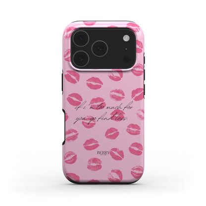 Trendy pink phone case with a feminine kiss print pattern and chic script text, perfect for a stylish and confident girl looking for a beautiful accessory.