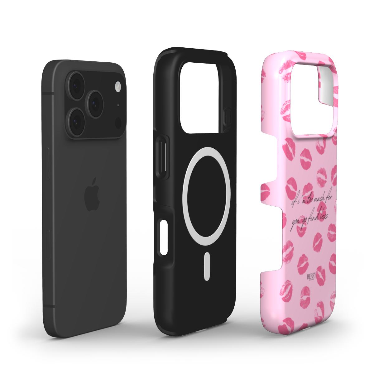 Trendy pink phone case with kiss print pattern and a feminine quote, designed to add a girly, stylish touch to your device.