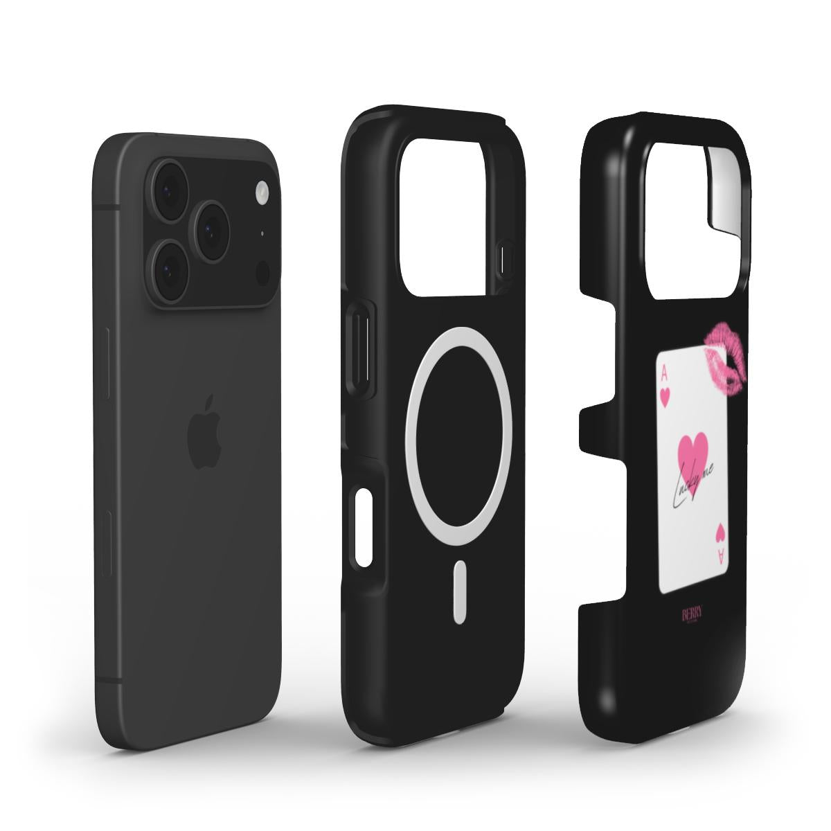 Three black phone cases for a smartphone, one featuring a pink and multicolored playing card design with a lipstick kiss mark, stylish and feminine accessory.