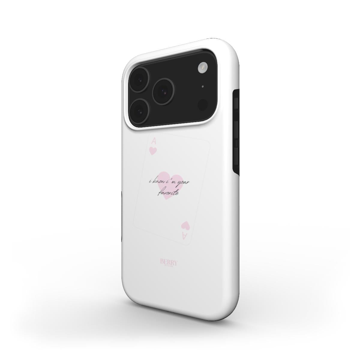 White phone case with a pink and multicolored ace of hearts card design, featuring a feminine handwritten style and a trendy, girly aesthetic.