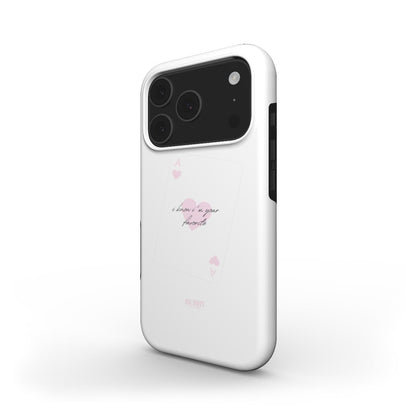 White phone case with a pink and multicolored ace of hearts card design, featuring a feminine handwritten style and a trendy, girly aesthetic.