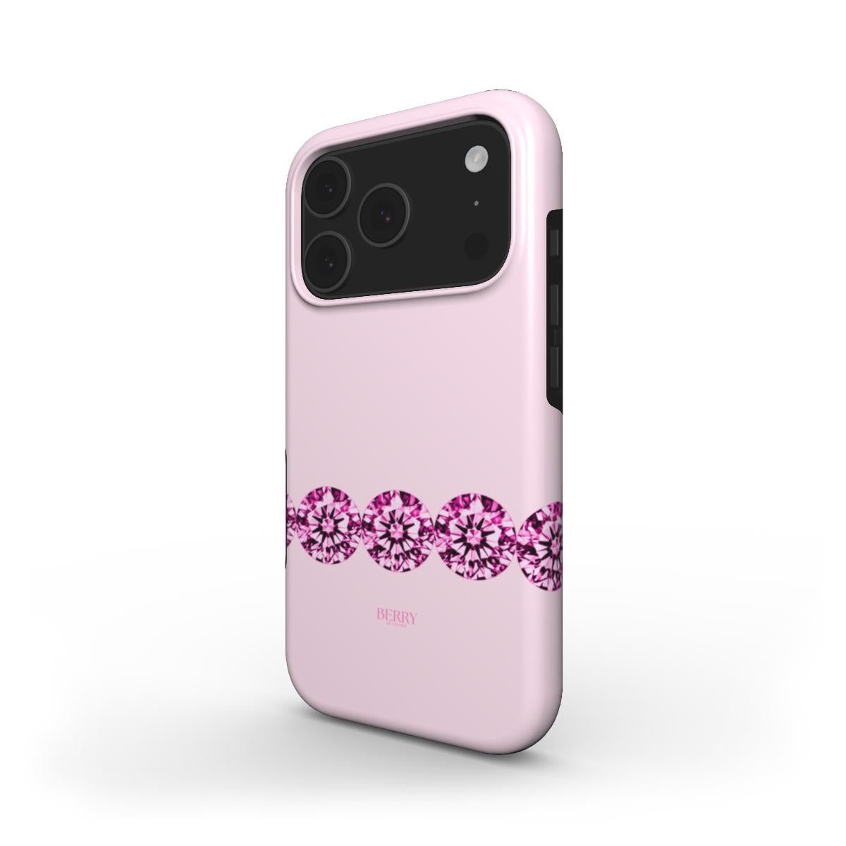 Trendy pink phone case with rosaguld color and a row of sparkling pink diamond designs for a feminine and stylish look.