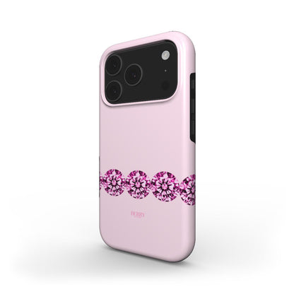 Trendy pink phone case with rosaguld color and a row of sparkling pink diamond designs for a feminine and stylish look.