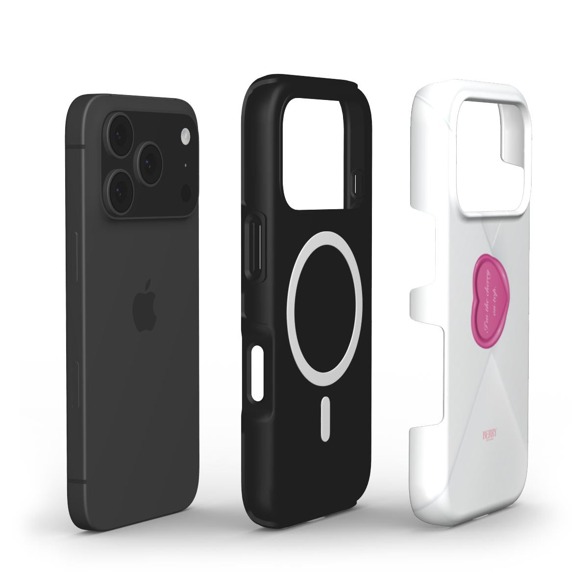 Trendy and sleek phone case design with black and white color options, featuring a stylish pink accent for a feminine and aesthetic look.