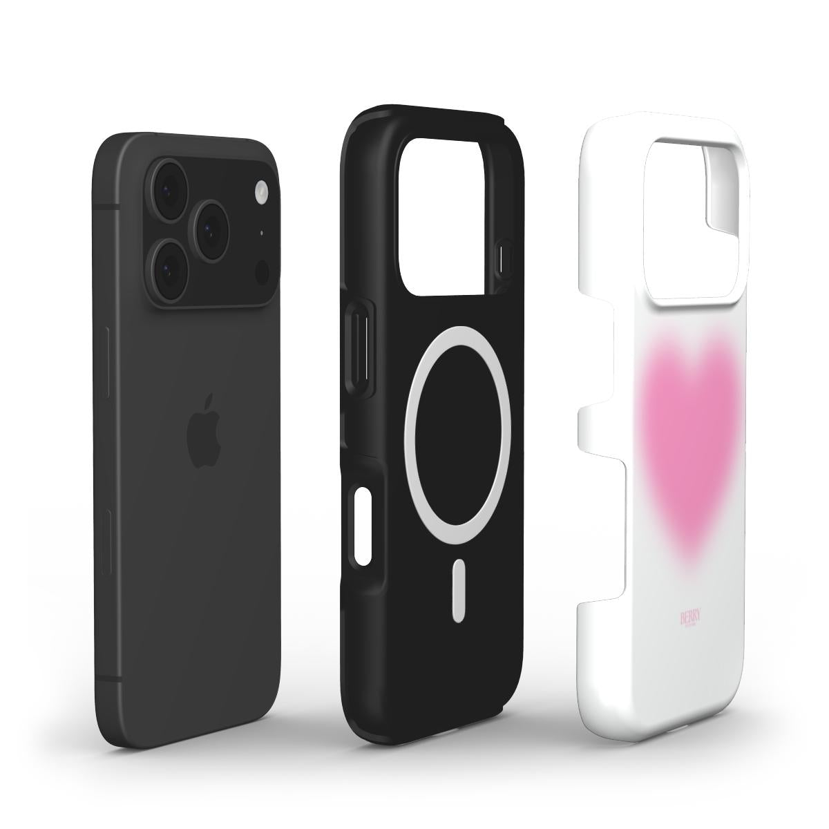 Trendy feminine phone case with a blurred pink heart design paired with a sleek black protective layer, combining aesthetic and practical style for that girl vibe.