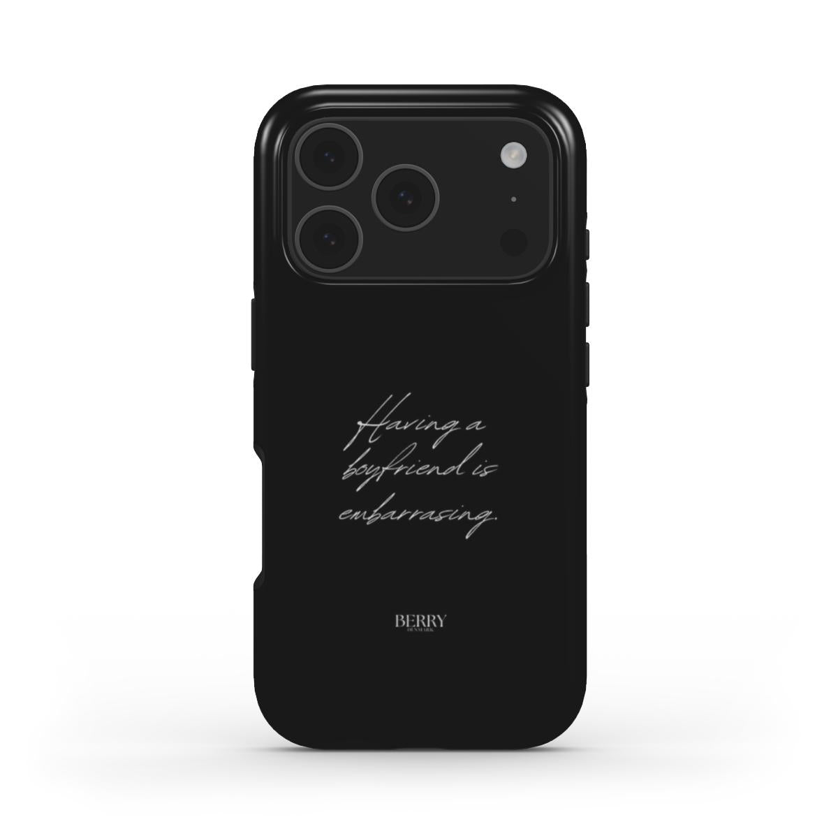 Trendy black phone case with elegant white script text, showcasing a stylish and feminine aesthetic perfect for a popular girly look.