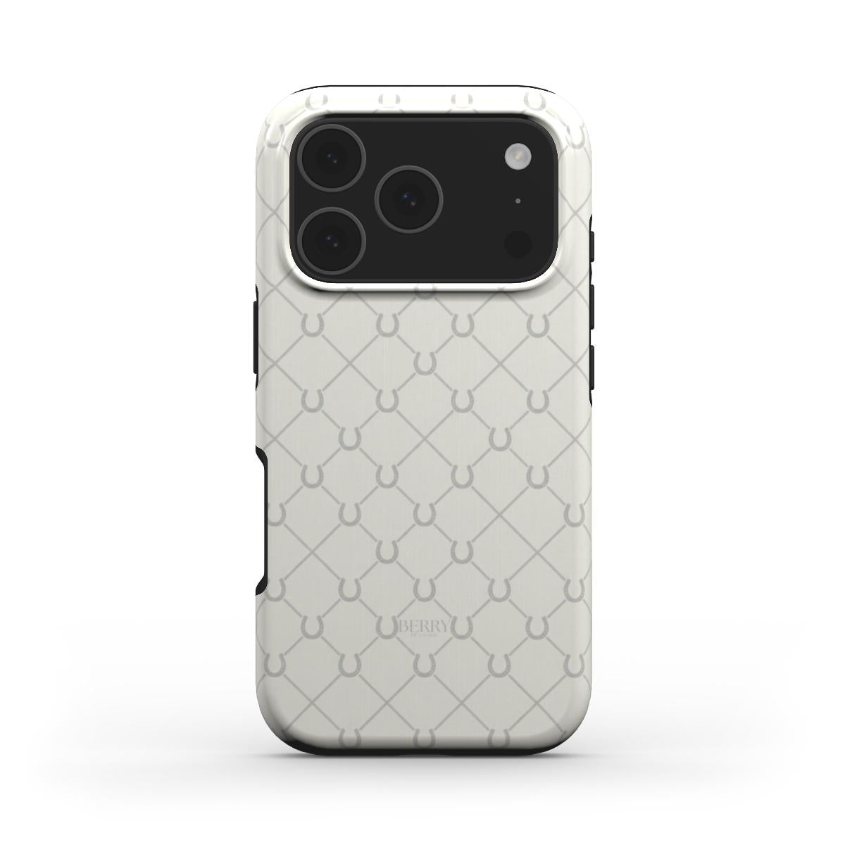 Beige and white trendy phone case with a subtle geometric pattern, offering a feminine and aesthetic look for a stylish, popular phone accessory.