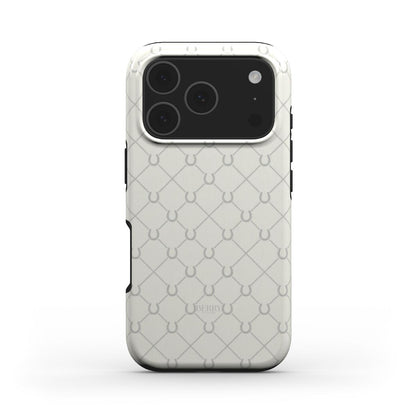 Beige and white trendy phone case with a subtle geometric pattern, offering a feminine and aesthetic look for a stylish, popular phone accessory.
