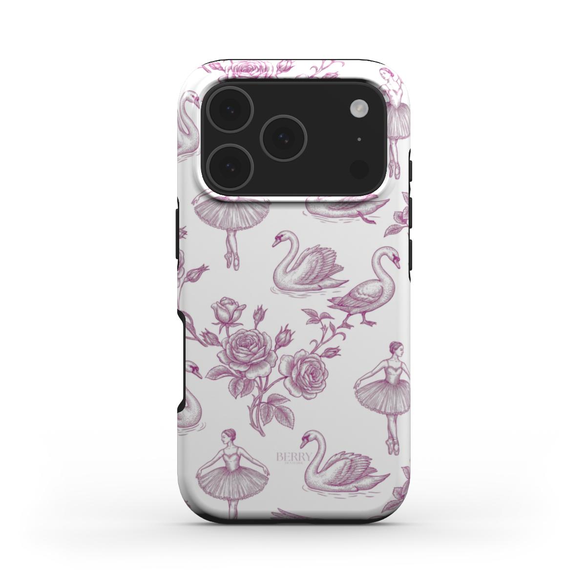 Trendy phone case with a feminine flerfarvet pattern featuring pink swans, ballerinas, and roses on a white background, perfect for that girl aesthetic.