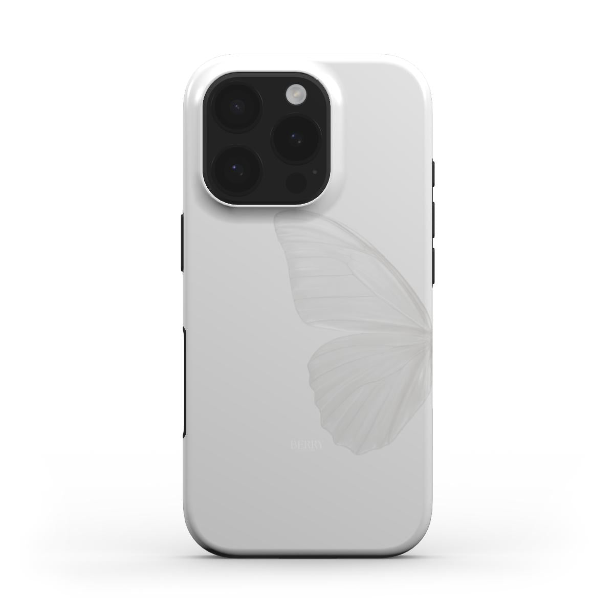 Trendy soft phone case with a subtle white and gray butterfly design, offering an elegant and feminine touch for that girl who loves beauty.