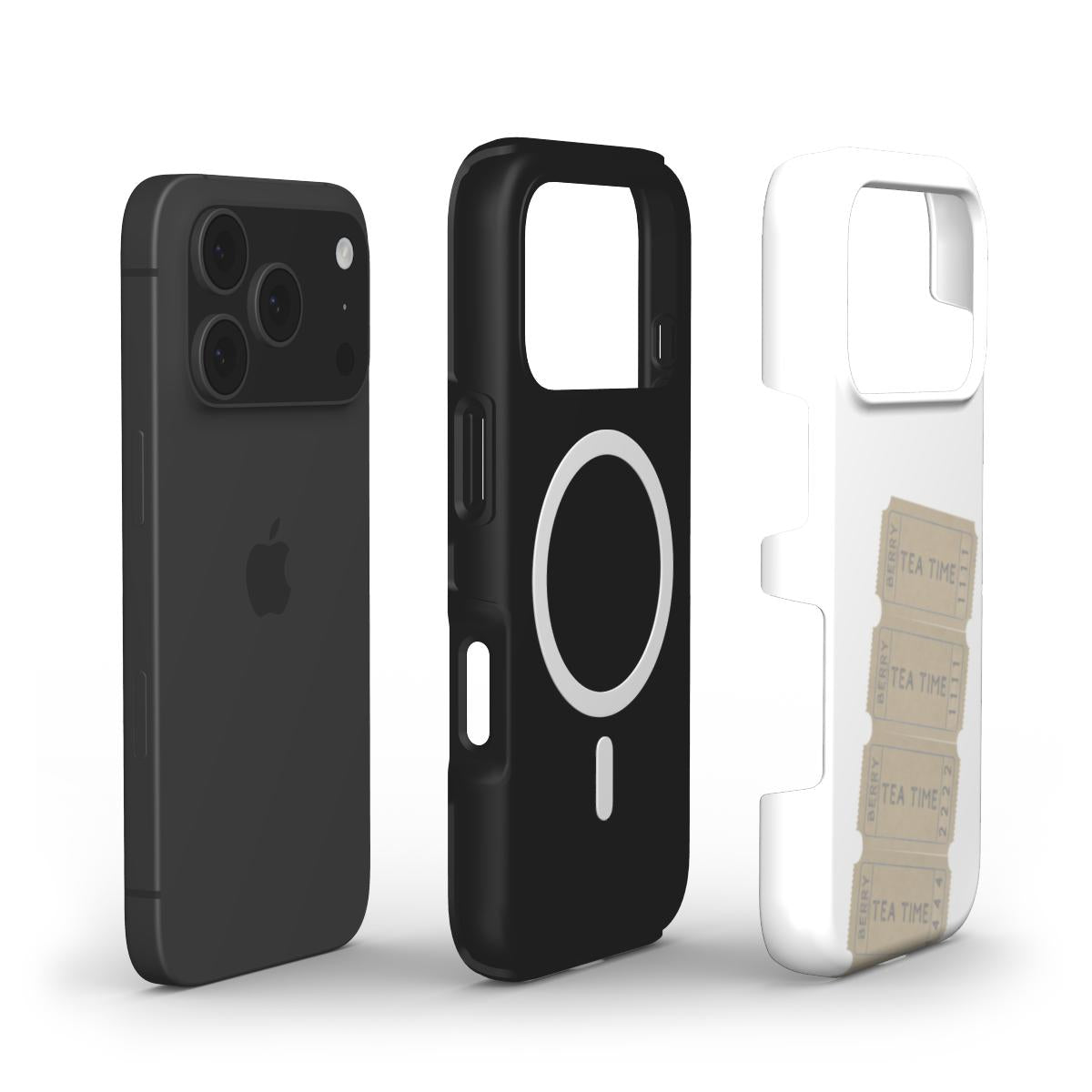 Trendy and feminine black and white phone cases with MagSafe ring and beige ticket pattern, designed for a beautiful and popular stylish look.