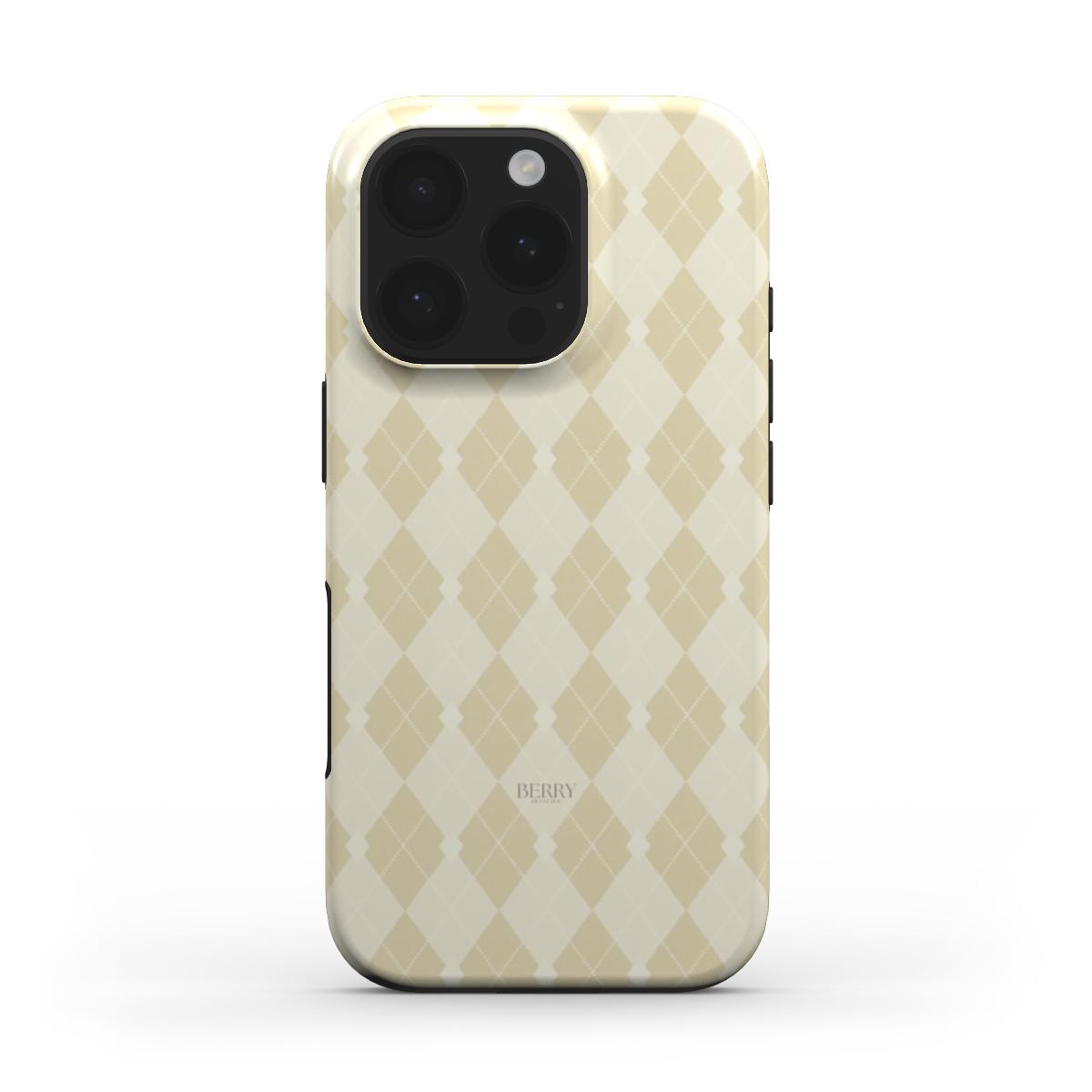 Trendy beige and multicolored argyle patterned phone case with a stylish feminine design for a beautiful and popular aesthetic look.
