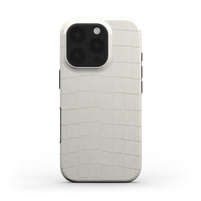 Trendy feminine phone case in a sleek light beige crocodile pattern, offering a beautiful and stylish look with a popular elegant design.