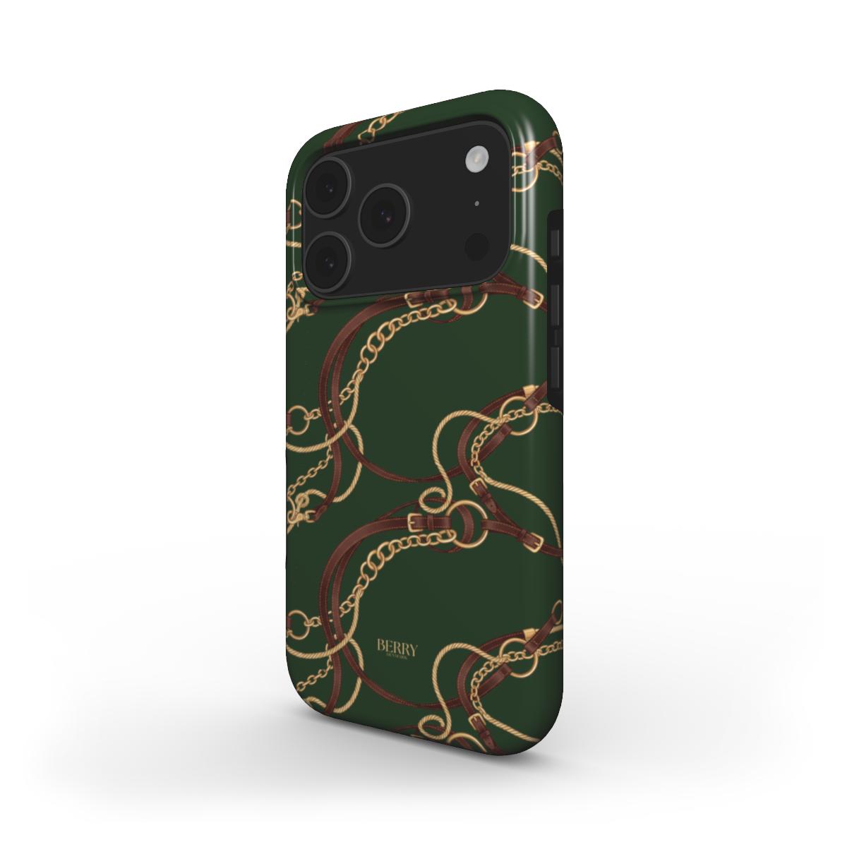 Trendy phone case featuring a multicolored gold, brown, beige, and green equestrian chain design with a feminine and aesthetic appeal.