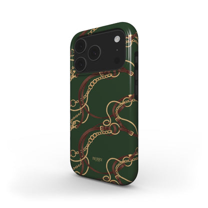 Trendy phone case featuring a multicolored gold, brown, beige, and green equestrian chain design with a feminine and aesthetic appeal.