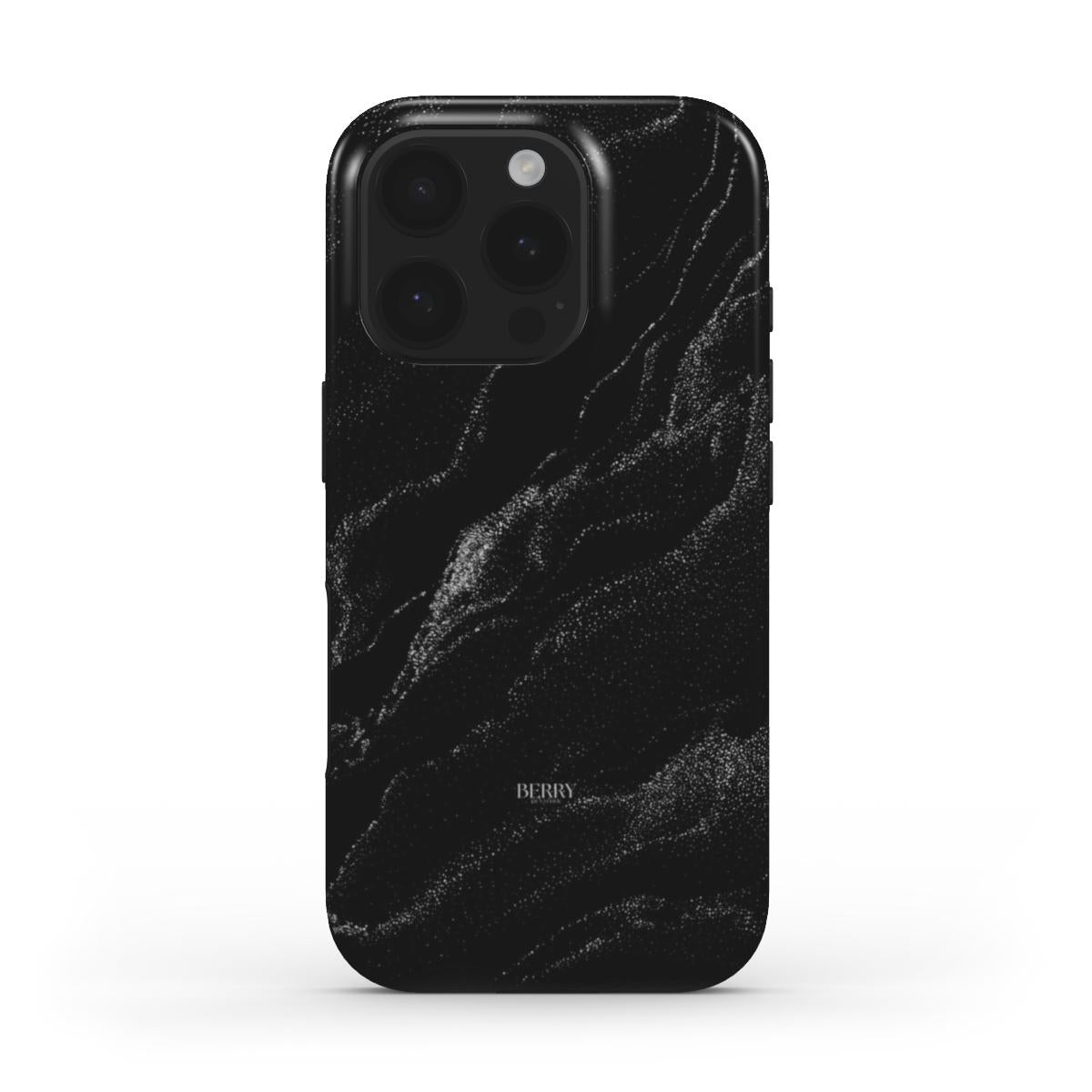 Trendy and feminine phone case with a silver swirl pattern on black, offering a beautiful and aesthetic look for that stylish, girly vibe.