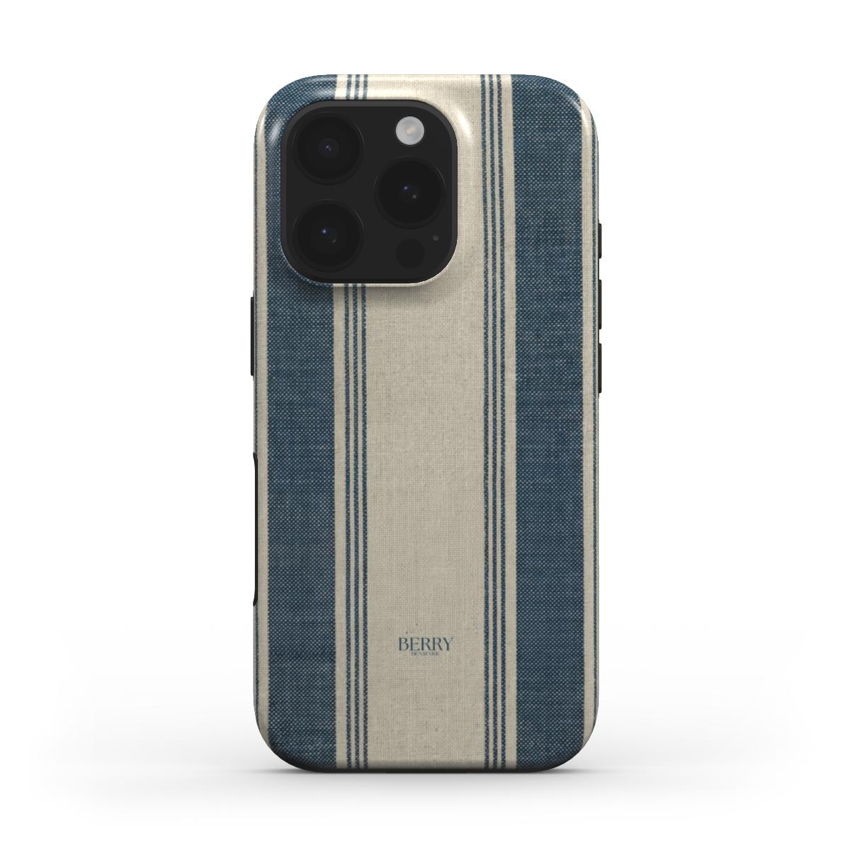 Trendy phone case with beige and blå vertical stripes, featuring a minimalist and feminine aesthetic for a beautiful, classy fit look.