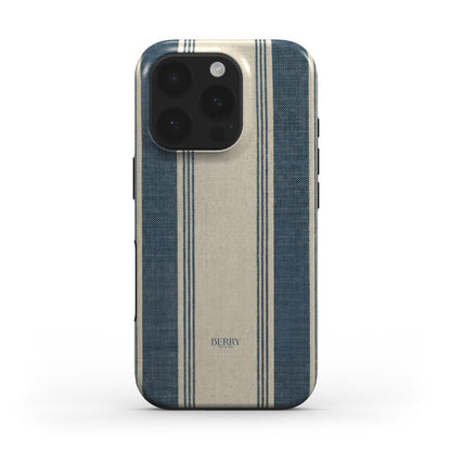 Trendy phone case with beige and blå vertical stripes, featuring a minimalist and feminine aesthetic for a beautiful, classy fit look.