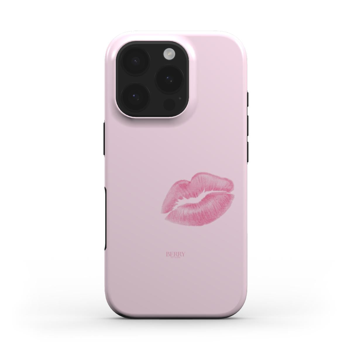 Trendy pink phone case with a feminine lip print design, featuring a subtle multicolored pattern for a stylish and girly look.